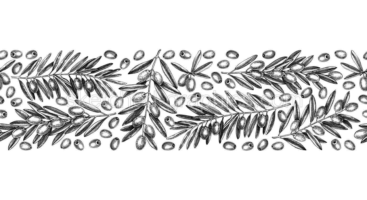 Olive branch seamless pattern. Vector banner design with leaves and fruits sketches in vintage style. Vegetable oil ingredients ribbon. Olive plant border template for print or packaging Illustration